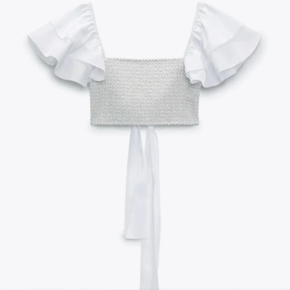 Zara Smocked Ruffle Sleeve Crop Top with Tie Back. Size Medium